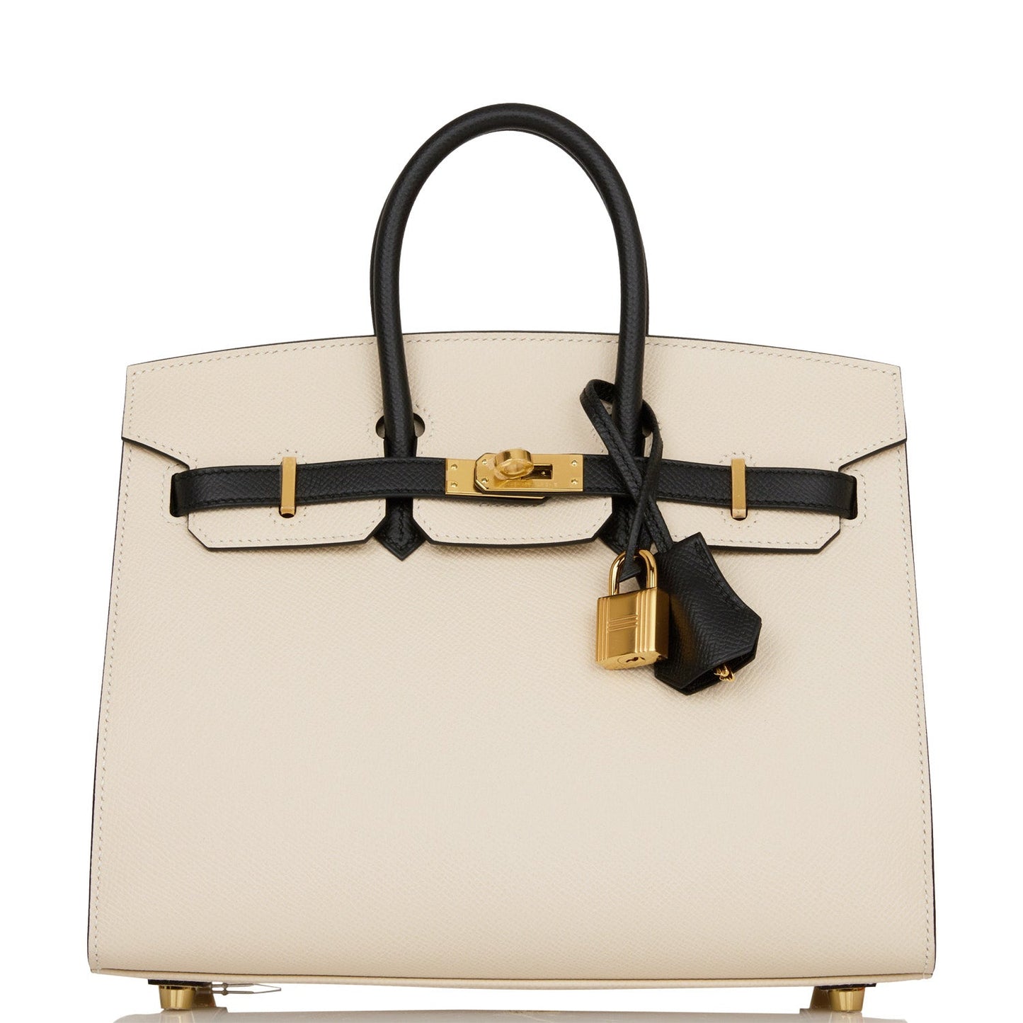 Luxury Hermes Special Order (HSS) Birkin Sellier 25 Craie and Black Epsom Gold Hardware