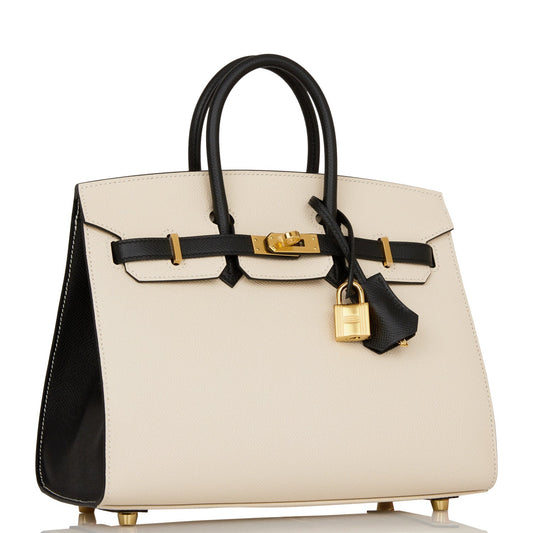 Luxury Hermes Special Order (HSS) Birkin Sellier 25 Craie and Black Epsom Gold Hardware