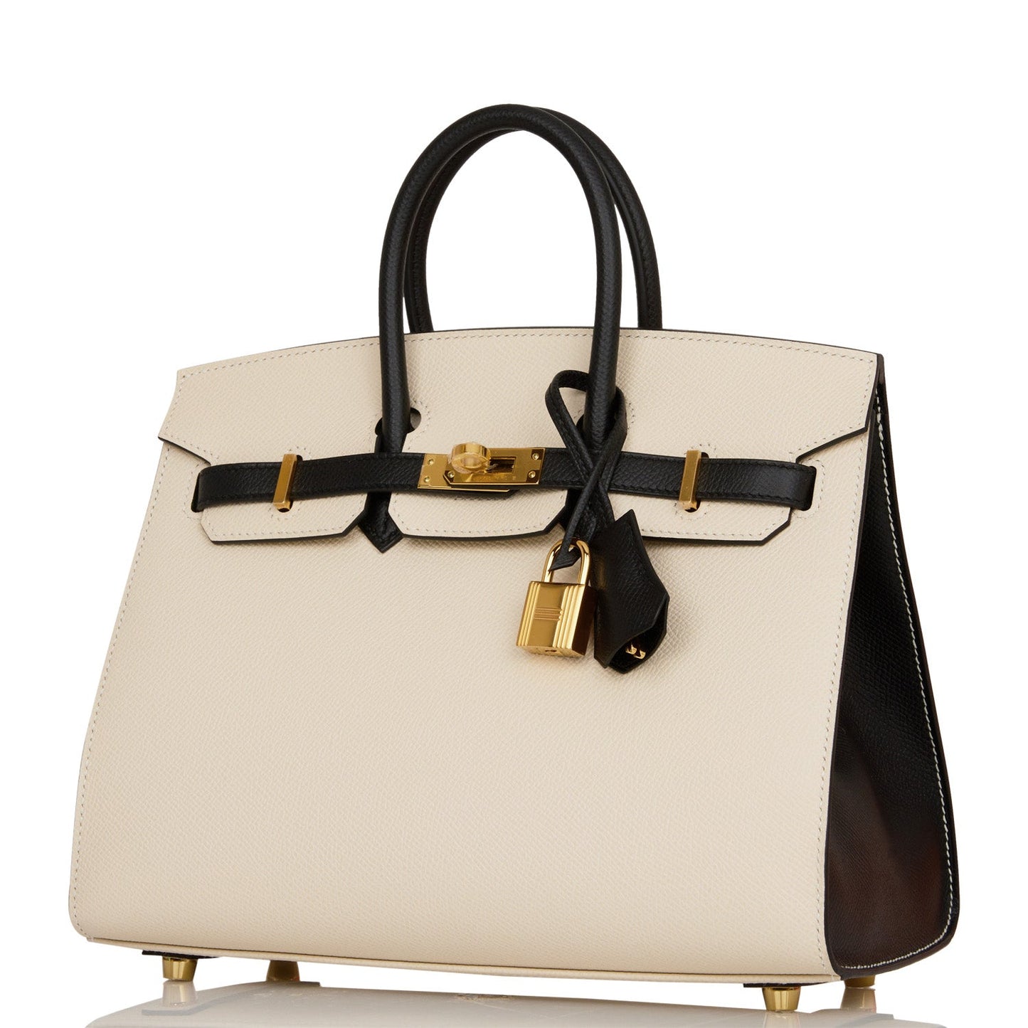 Luxury Hermes Special Order (HSS) Birkin Sellier 25 Craie and Black Epsom Gold Hardware