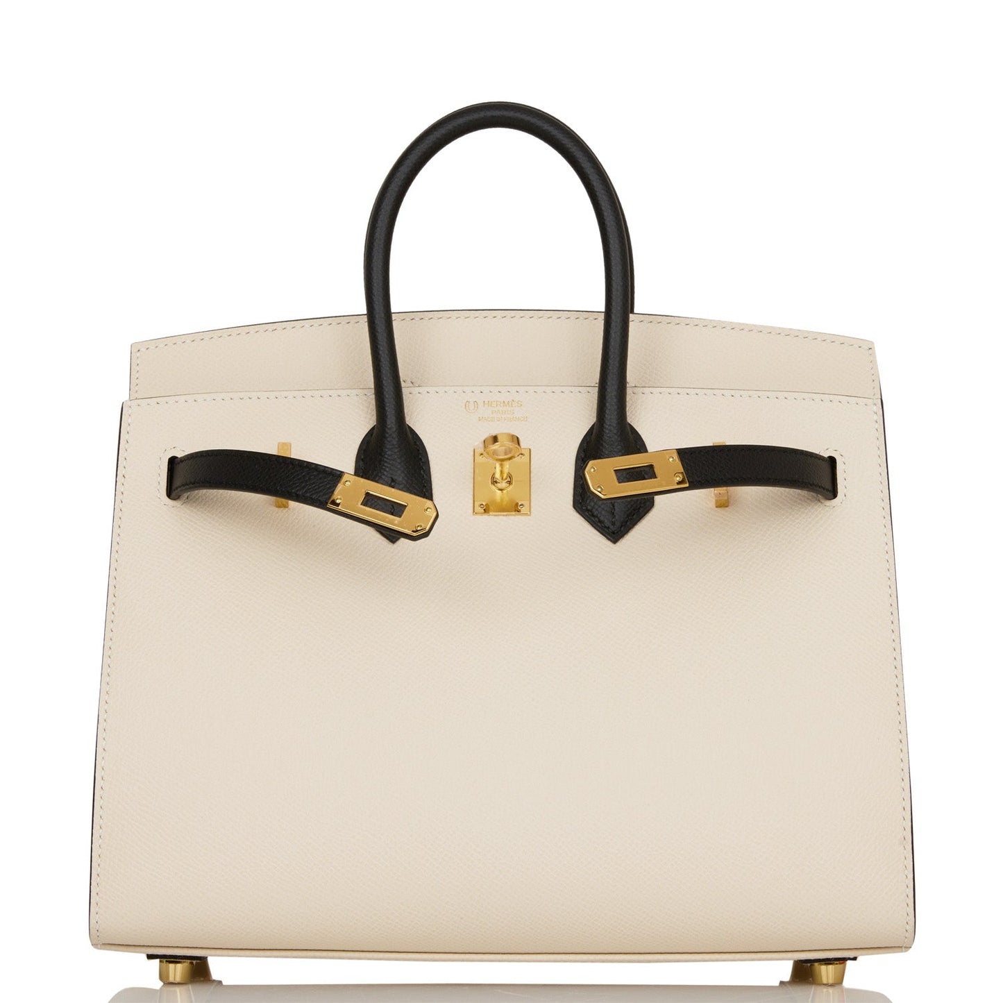 Luxury Hermes Special Order (HSS) Birkin Sellier 25 Craie and Black Epsom Gold Hardware
