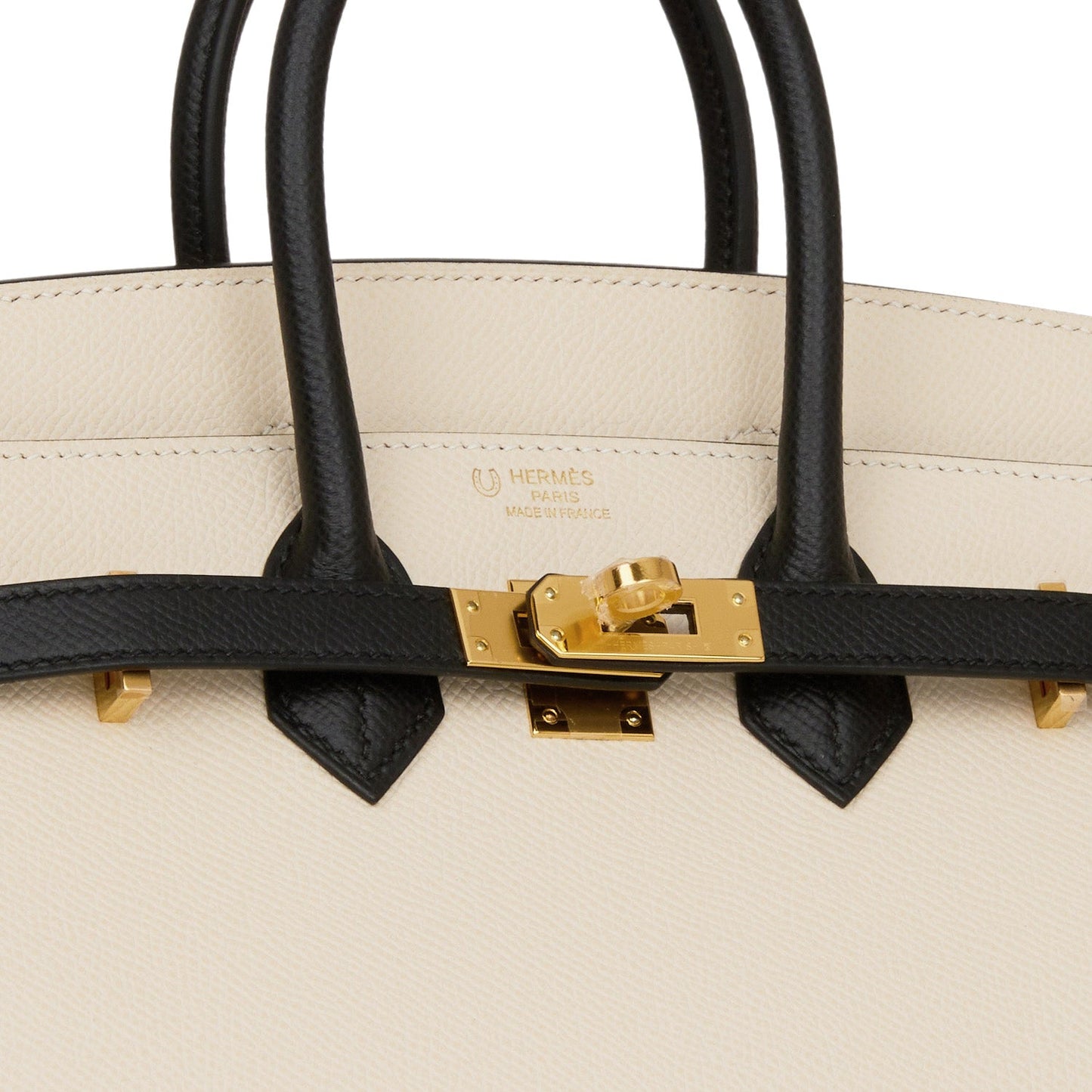 Luxury Hermes Special Order (HSS) Birkin Sellier 25 Craie and Black Epsom Gold Hardware