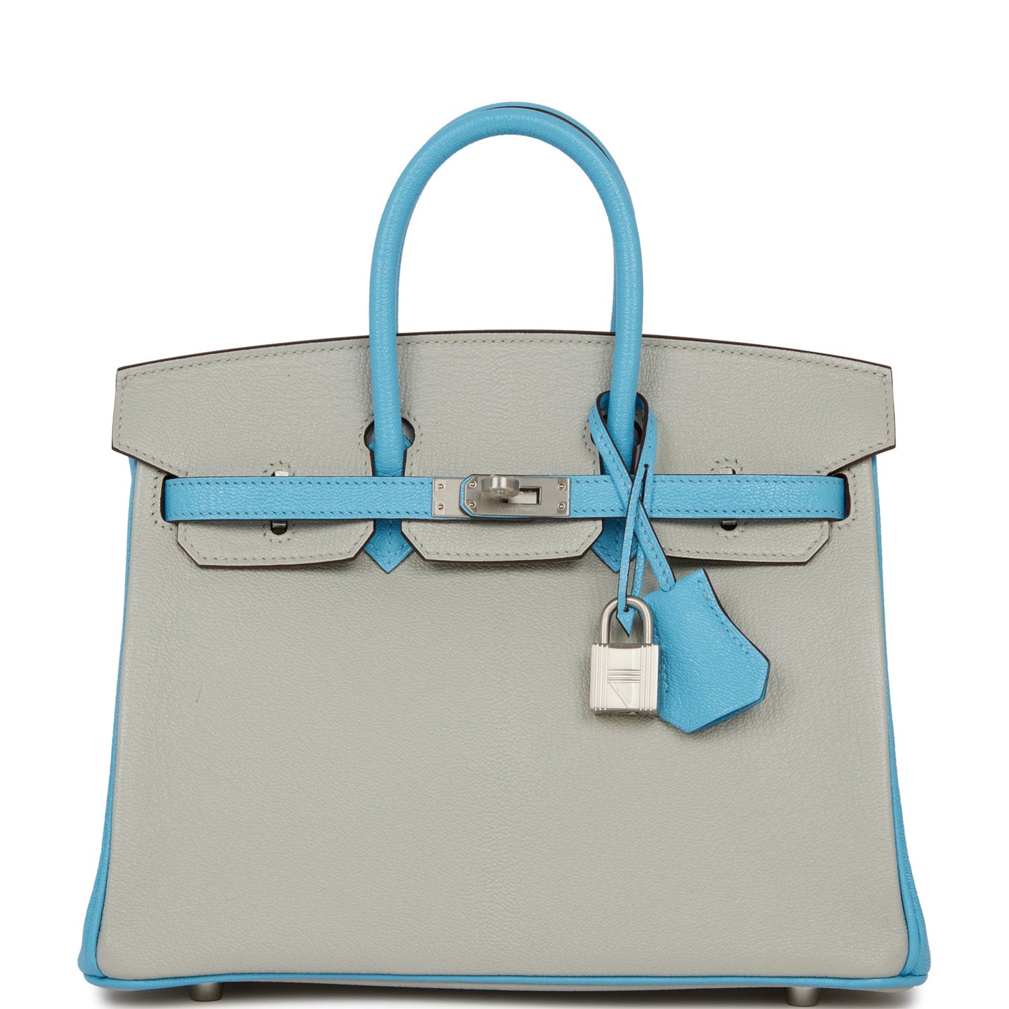 Luxury Hermes Special Order (HSS) Birkin 25 Gris Perle and Bleu du Nord Chèvre Brushed Palladium Hardware