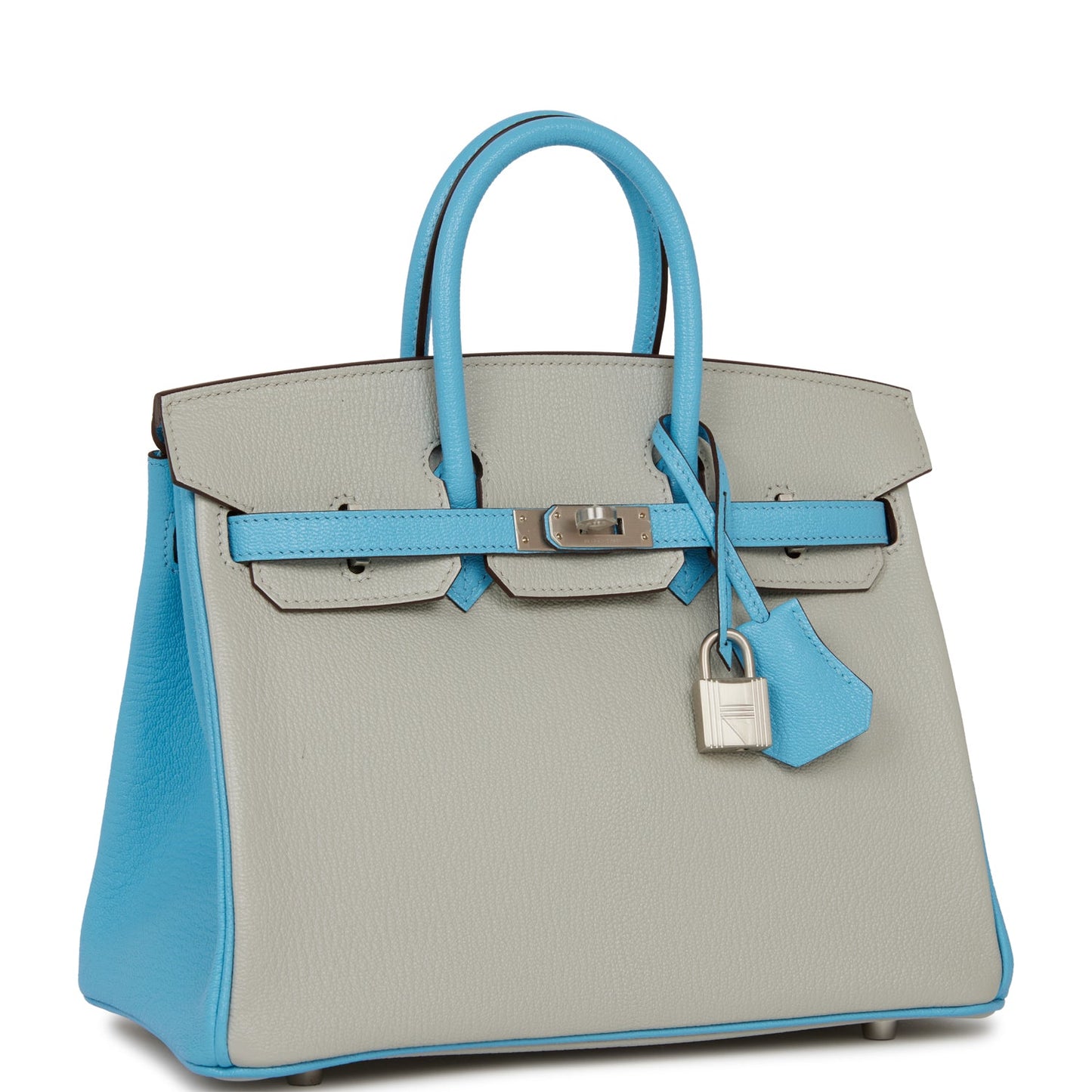 Luxury Hermes Special Order (HSS) Birkin 25 Gris Perle and Bleu du Nord Chèvre Brushed Palladium Hardware