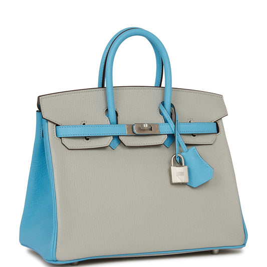 Luxury Hermes Special Order (HSS) Birkin 25 Gris Perle and Bleu du Nord Chèvre Brushed Palladium Hardware