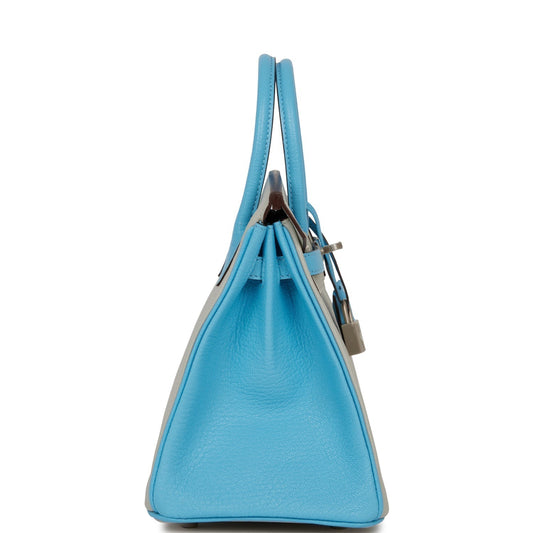 Luxury Hermes Special Order (HSS) Birkin 25 Gris Perle and Bleu du Nord Chèvre Brushed Palladium Hardware