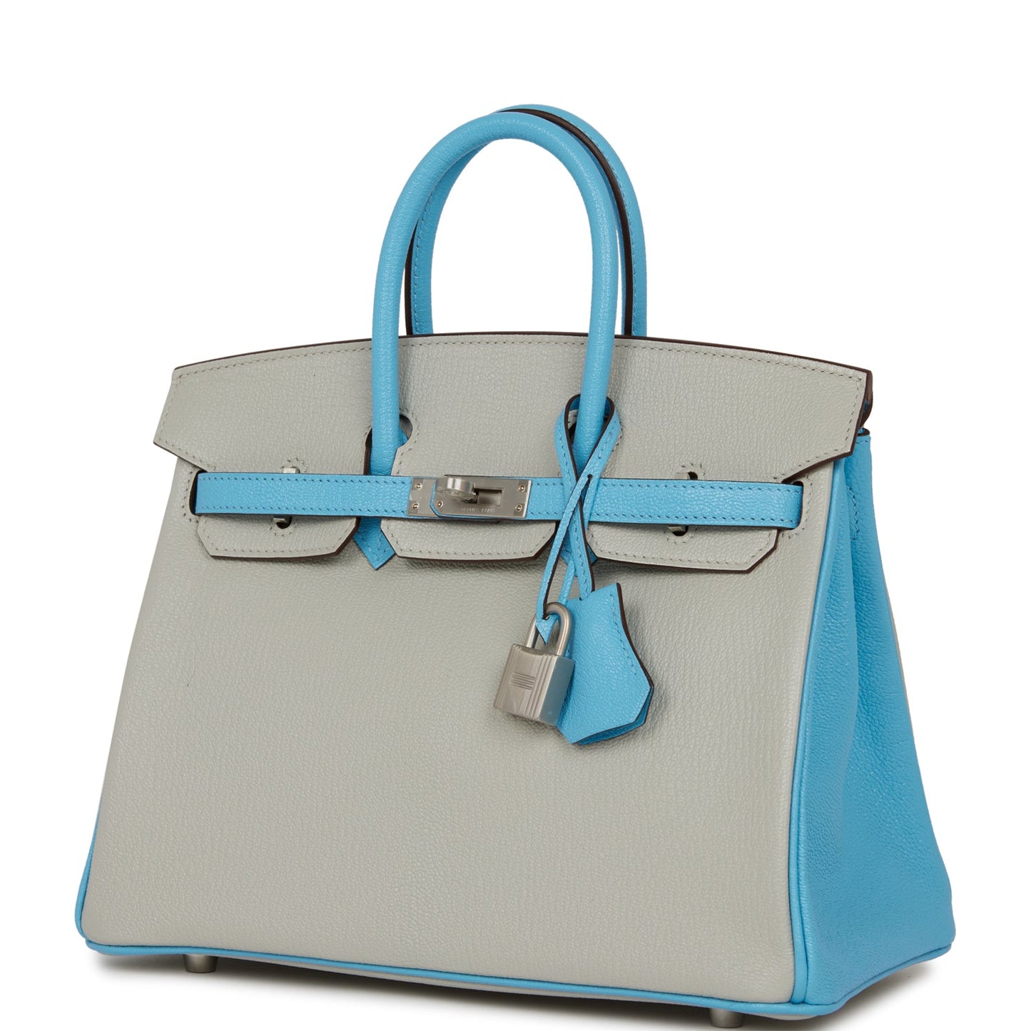 Luxury Hermes Special Order (HSS) Birkin 25 Gris Perle and Bleu du Nord Chèvre Brushed Palladium Hardware