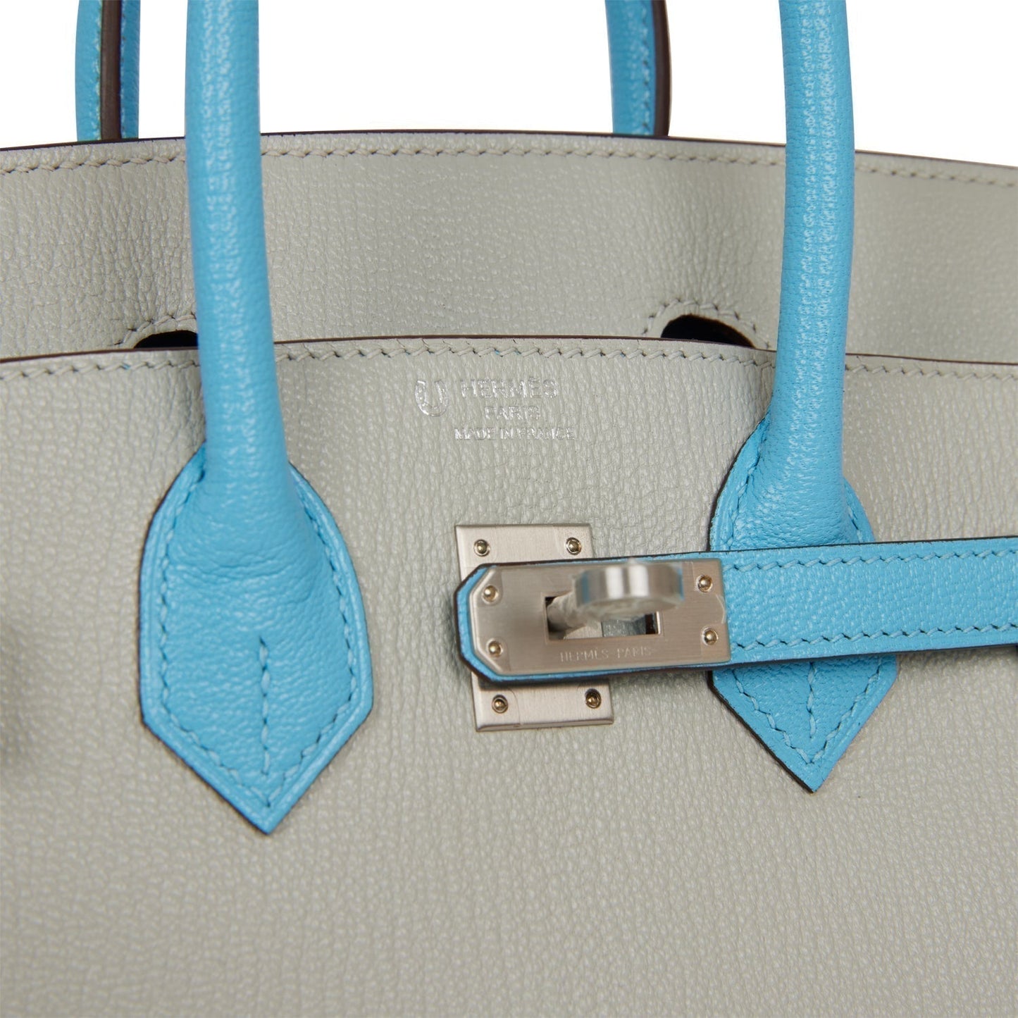 Luxury Hermes Special Order (HSS) Birkin 25 Gris Perle and Bleu du Nord Chèvre Brushed Palladium Hardware