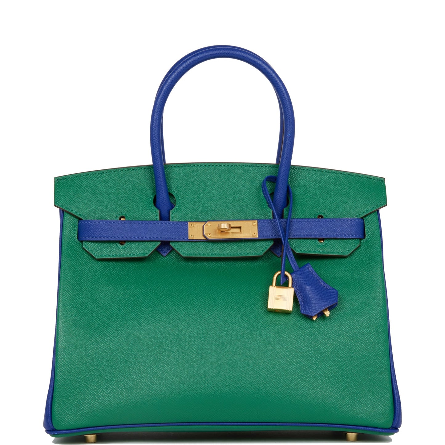 Luxury Hermes Special Order (HSS) Birkin 30 Vert Verone and Bleu Electric Epsom Brushed Gold Hardware