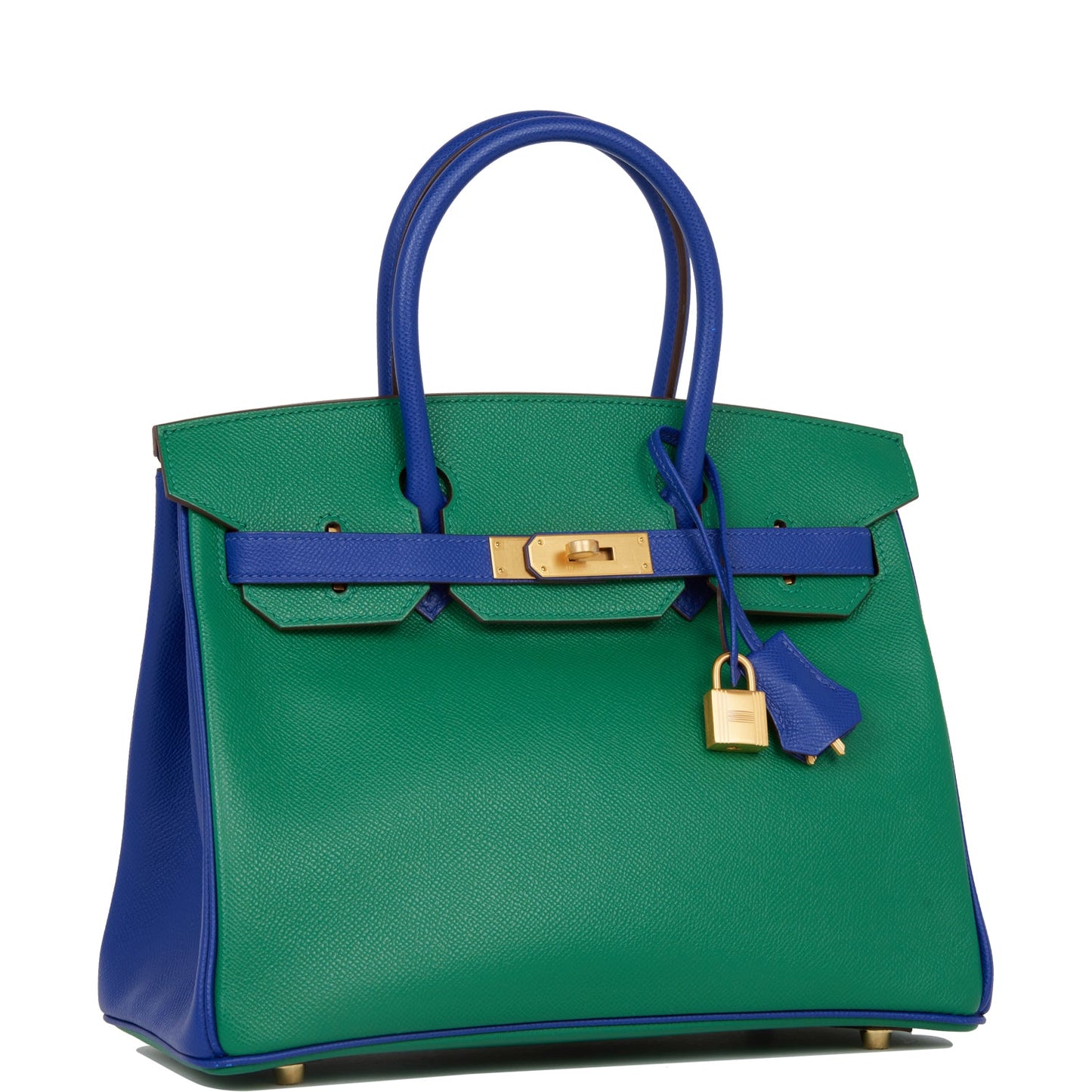 Luxury Hermes Special Order (HSS) Birkin 30 Vert Verone and Bleu Electric Epsom Brushed Gold Hardware