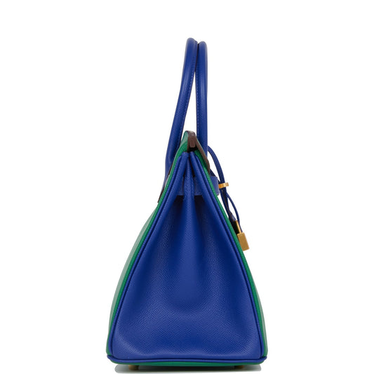 Luxury Hermes Special Order (HSS) Birkin 30 Vert Verone and Bleu Electric Epsom Brushed Gold Hardware