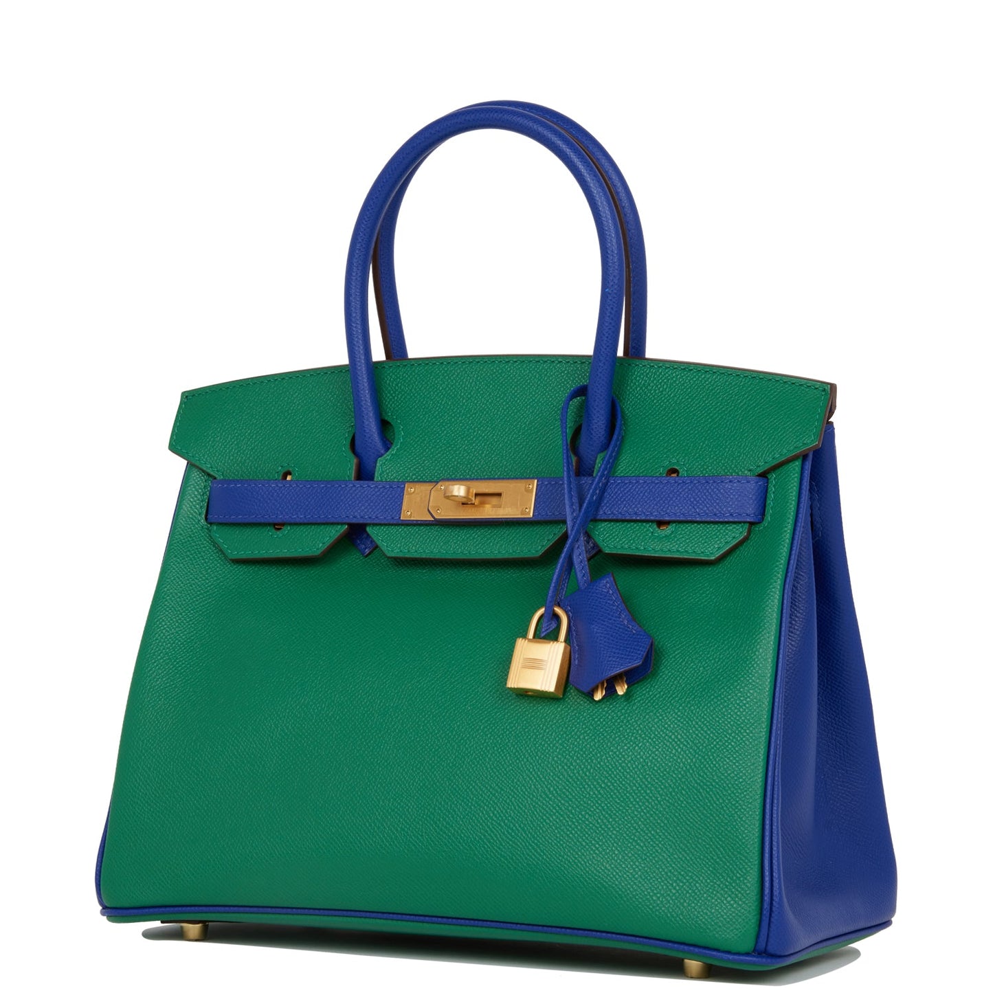 Luxury Hermes Special Order (HSS) Birkin 30 Vert Verone and Bleu Electric Epsom Brushed Gold Hardware