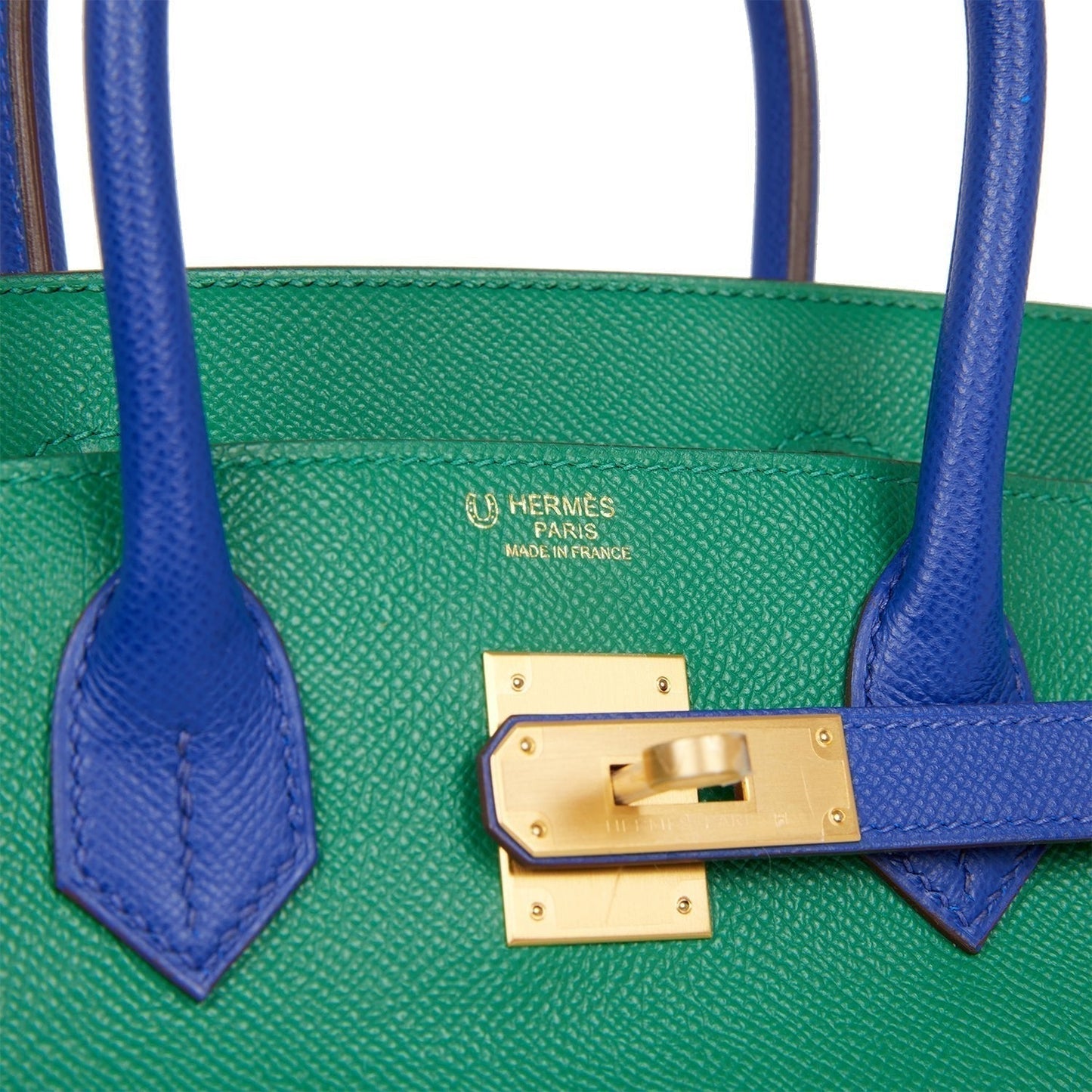 Luxury Hermes Special Order (HSS) Birkin 30 Vert Verone and Bleu Electric Epsom Brushed Gold Hardware