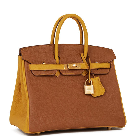 Luxury Hermes Special Order (HSS) Birkin 25 Gold and Jaune Ambre Togo Brushed Gold Hardware