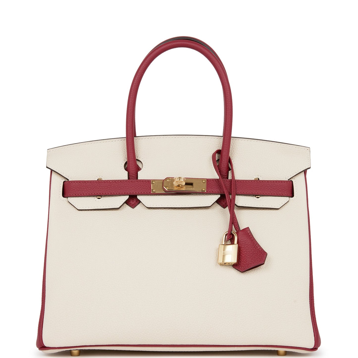 Luxury Hermes Special Order (HSS) Birkin 30 Craie and Rouge Grenat Togo Permabrass Hardware