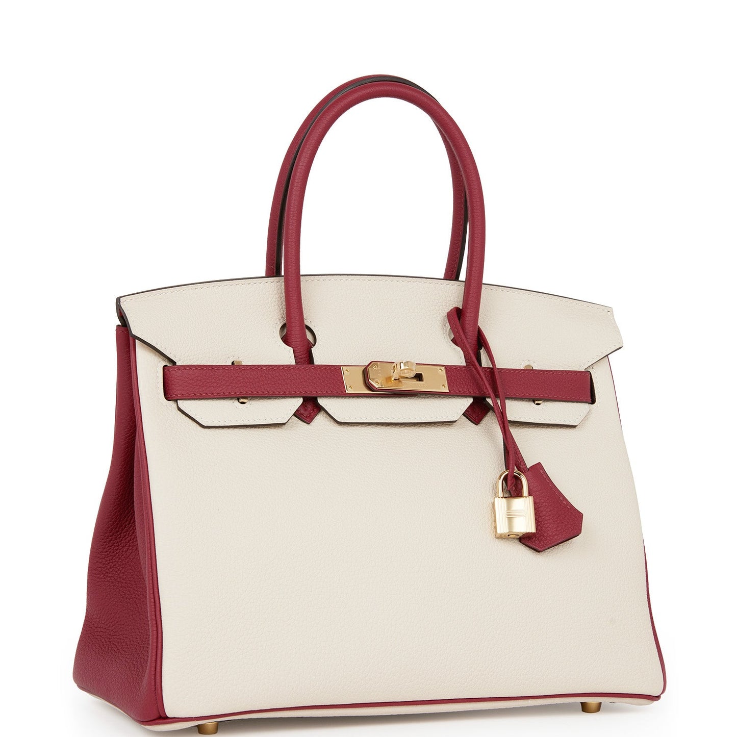 Luxury Hermes Special Order (HSS) Birkin 30 Craie and Rouge Grenat Togo Permabrass Hardware