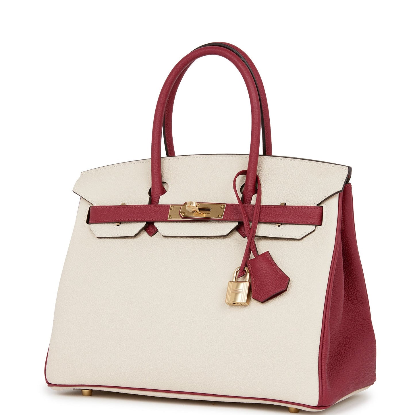 Luxury Hermes Special Order (HSS) Birkin 30 Craie and Rouge Grenat Togo Permabrass Hardware