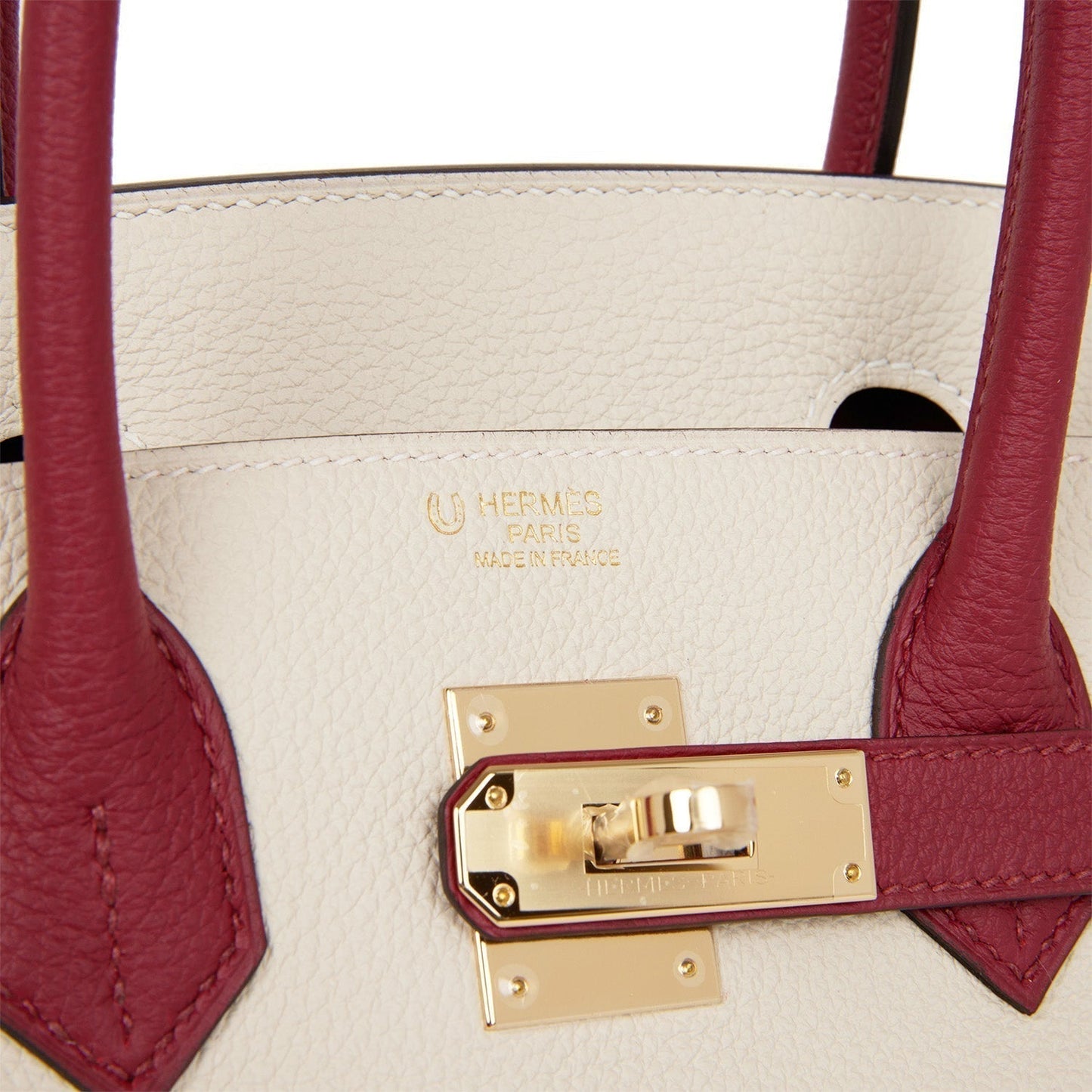 Luxury Hermes Special Order (HSS) Birkin 30 Craie and Rouge Grenat Togo Permabrass Hardware