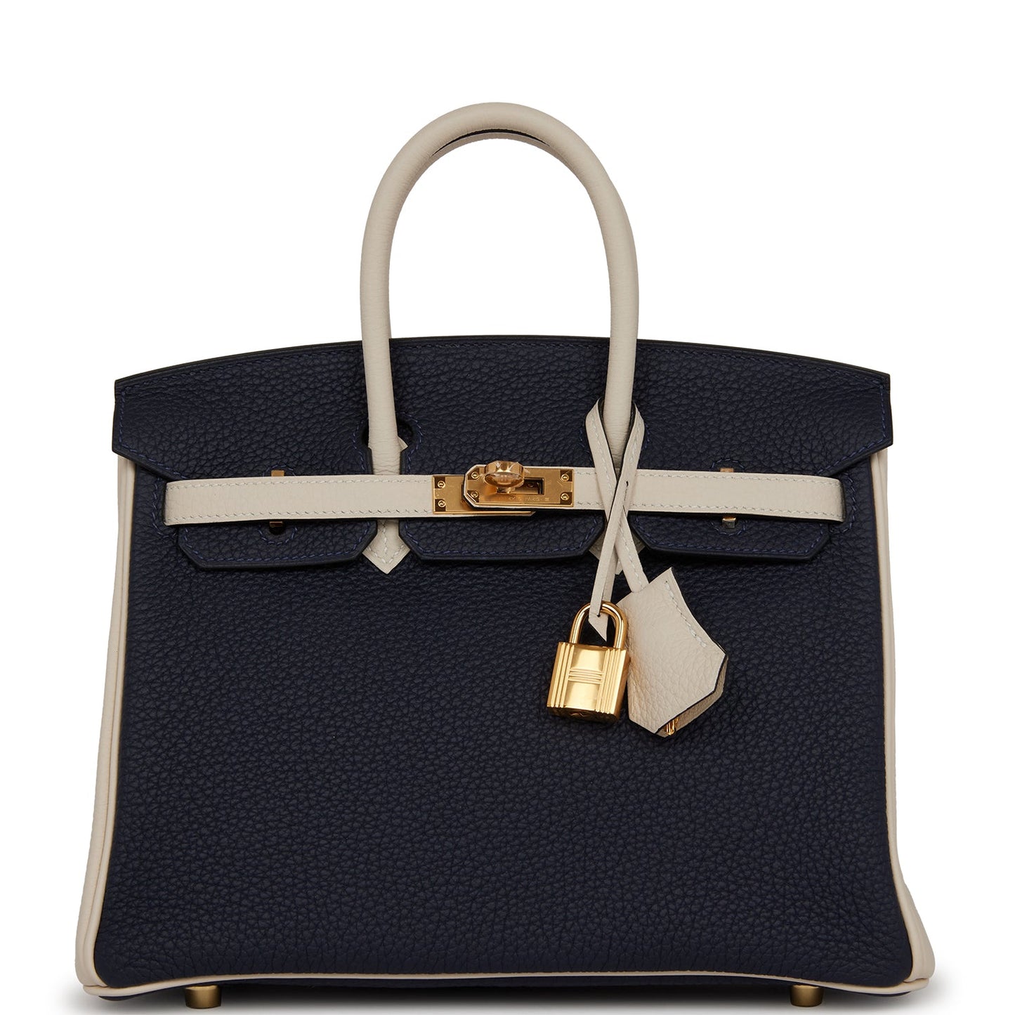 Luxury Hermes Special Order (HSS) Birkin 25 Bleu Nuit and Craie Togo Gold Hardware