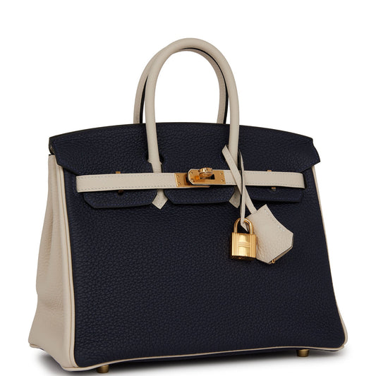 Luxury Hermes Special Order (HSS) Birkin 25 Bleu Nuit and Craie Togo Gold Hardware
