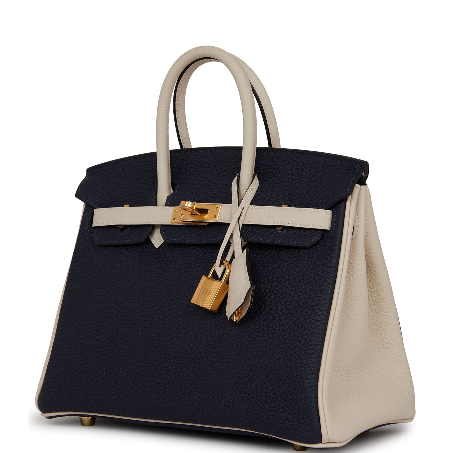 Luxury Hermes Special Order (HSS) Birkin 25 Bleu Nuit and Craie Togo Gold Hardware