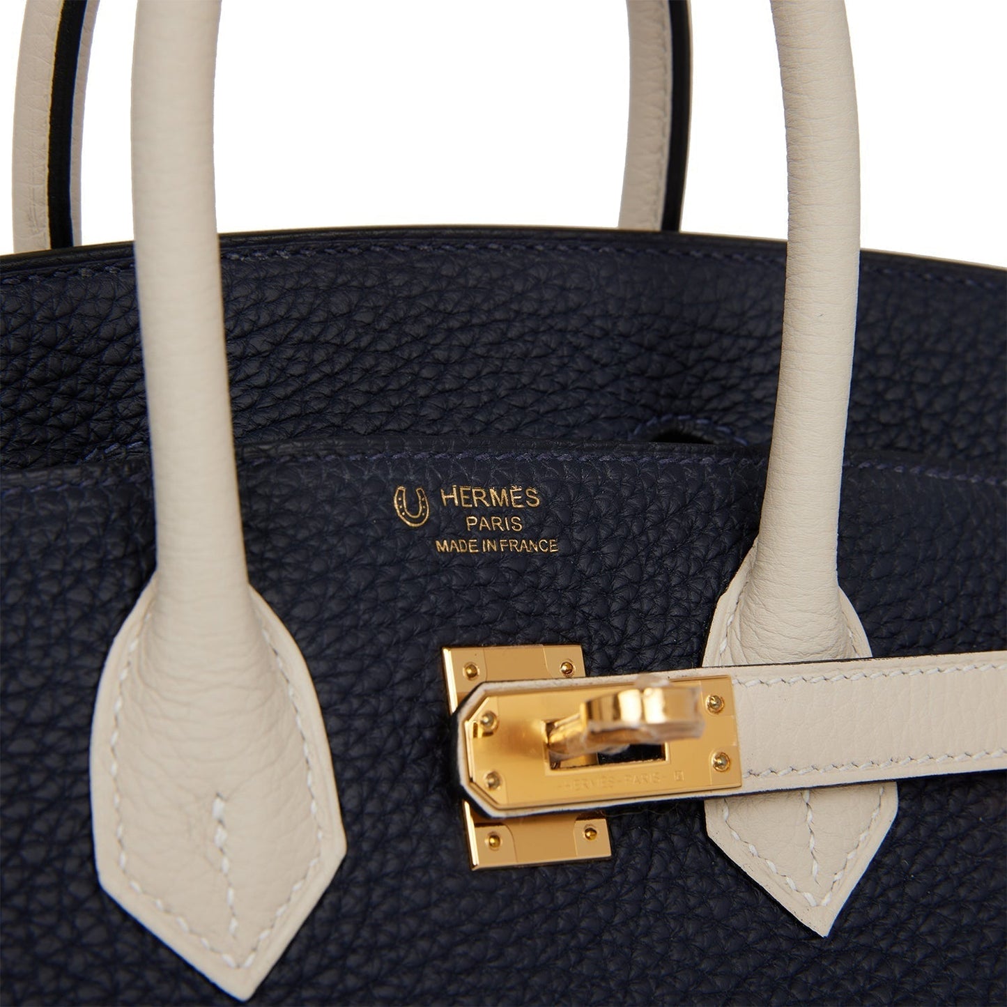 Luxury Hermes Special Order (HSS) Birkin 25 Bleu Nuit and Craie Togo Gold Hardware