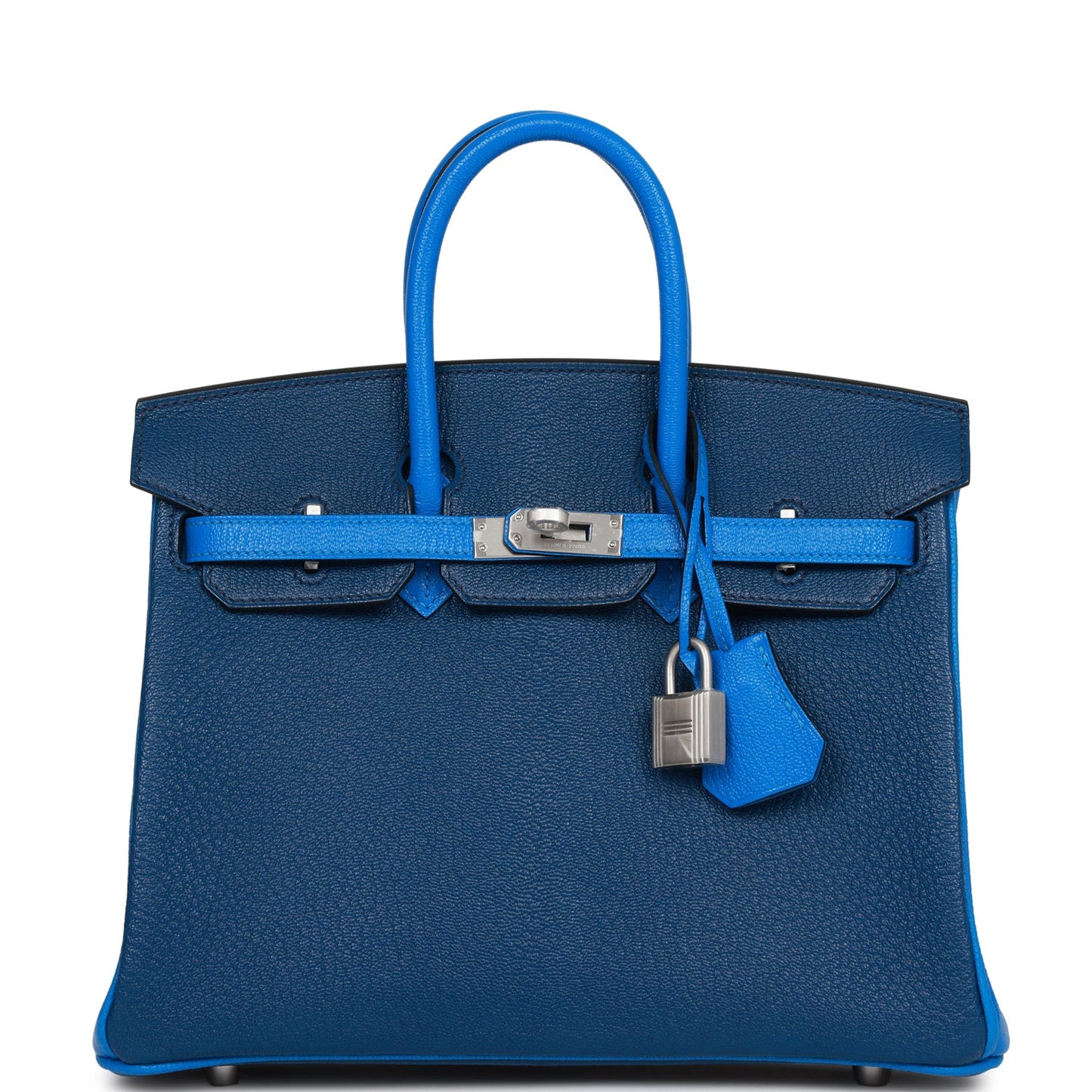 Luxury Hermes Special Order (HSS) Birkin 25 Bleu Hydra and Bleu Saphir Chèvre Brushed Palladium Hardware