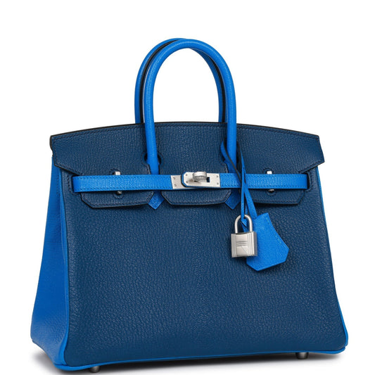 Luxury Hermes Special Order (HSS) Birkin 25 Bleu Hydra and Bleu Saphir Chèvre Brushed Palladium Hardware
