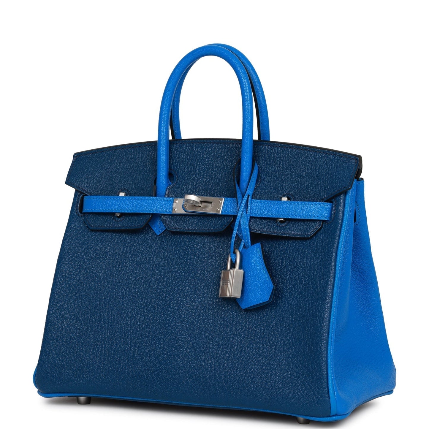 Luxury Hermes Special Order (HSS) Birkin 25 Bleu Hydra and Bleu Saphir Chèvre Brushed Palladium Hardware