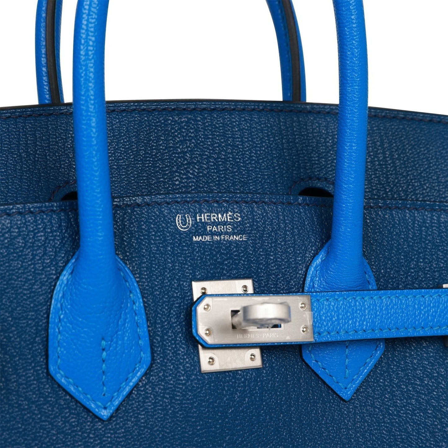 Luxury Hermes Special Order (HSS) Birkin 25 Bleu Hydra and Bleu Saphir Chèvre Brushed Palladium Hardware