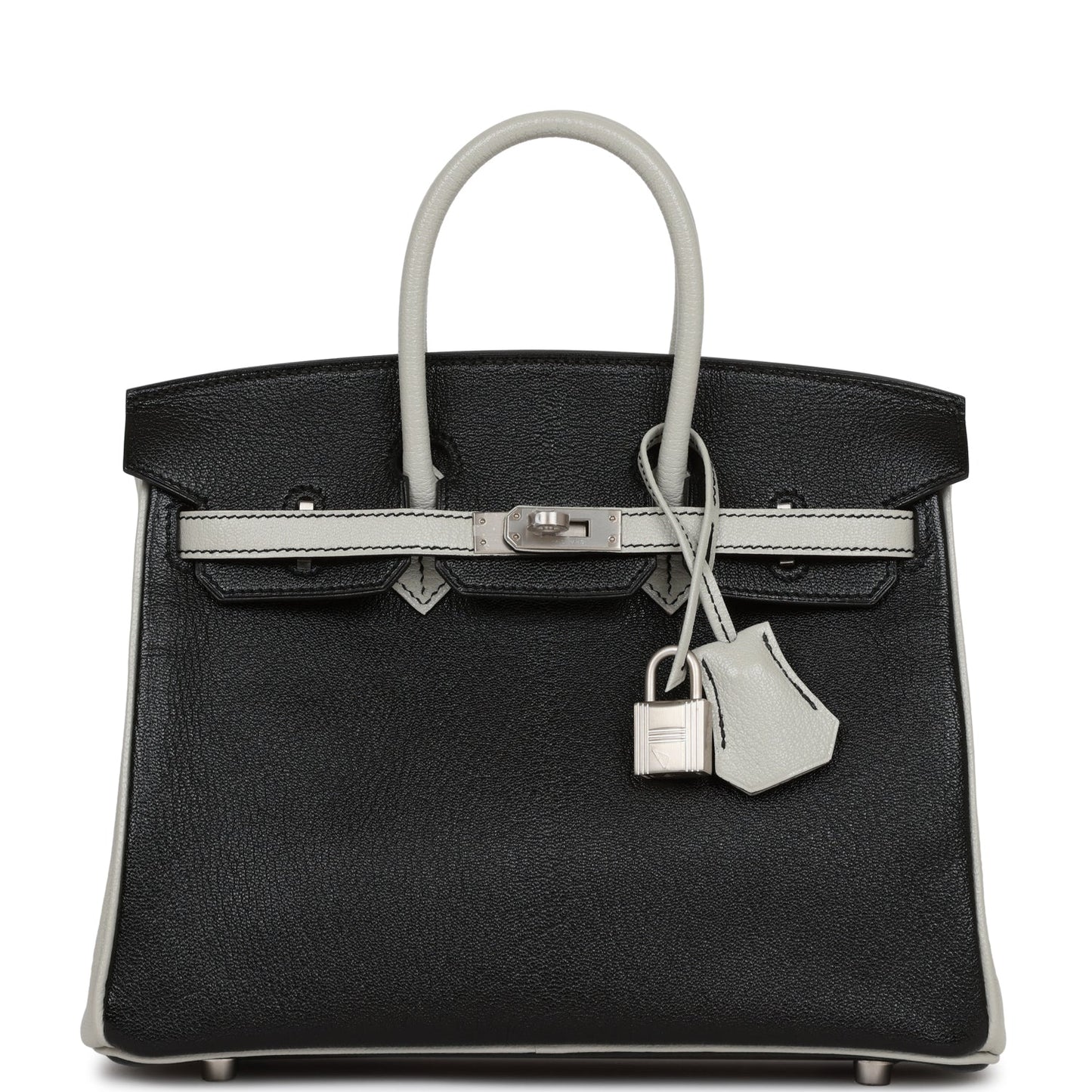 Luxury Hermes Special Order (HSS) Birkin 25 Black and Gris Perle Chèvre Brushed Palladium Hardware