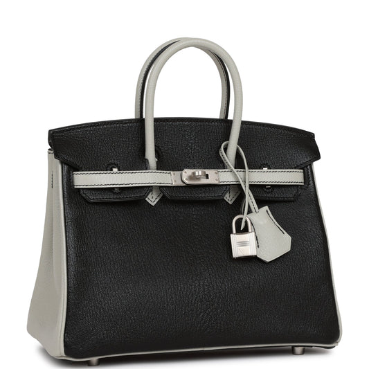 Luxury Hermes Special Order (HSS) Birkin 25 Black and Gris Perle Chèvre Brushed Palladium Hardware