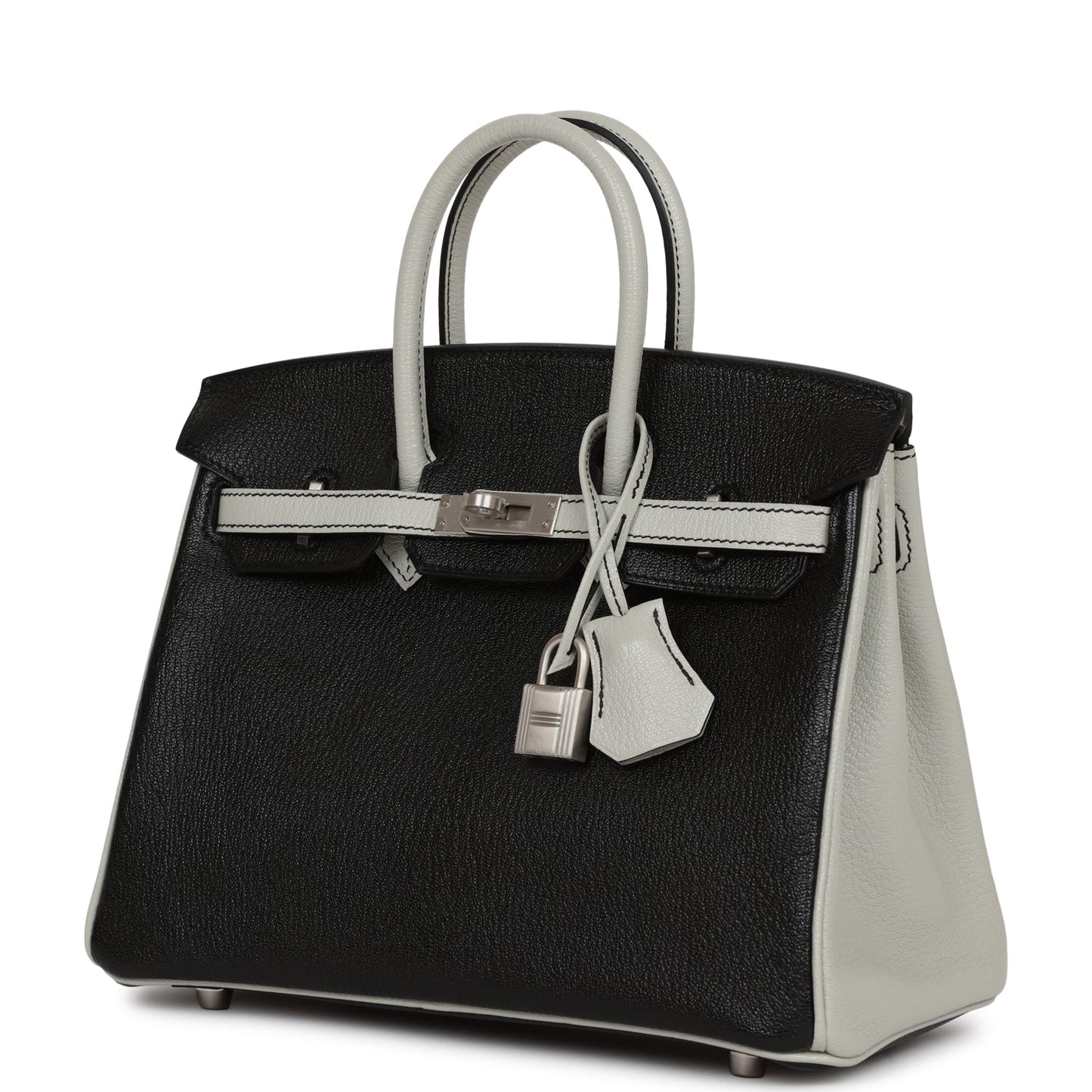 Luxury Hermes Special Order (HSS) Birkin 25 Black and Gris Perle Chèvre Brushed Palladium Hardware