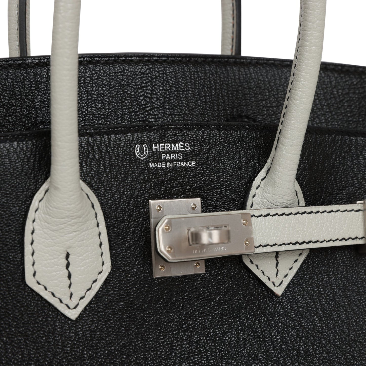 Luxury Hermes Special Order (HSS) Birkin 25 Black and Gris Perle Chèvre Brushed Palladium Hardware