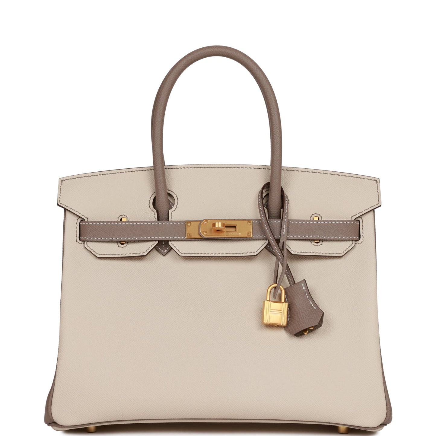 Luxury Hermes Special Order (HSS) Birkin 30 Craie and Gris Asphalte Epsom Brushed Gold Hardware