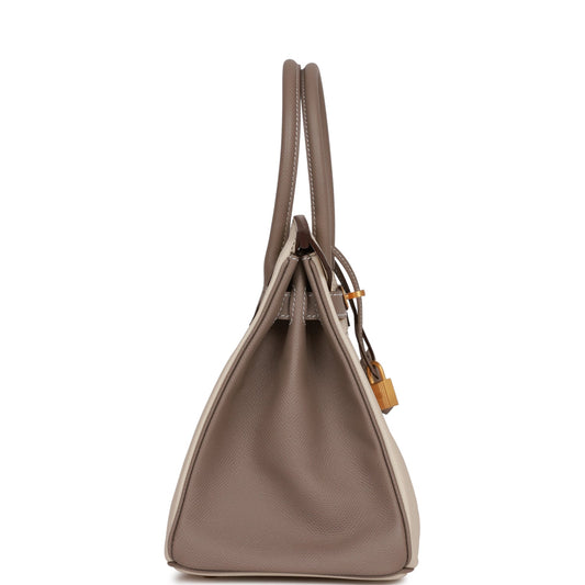 Luxury Hermes Special Order (HSS) Birkin 30 Craie and Gris Asphalte Epsom Brushed Gold Hardware
