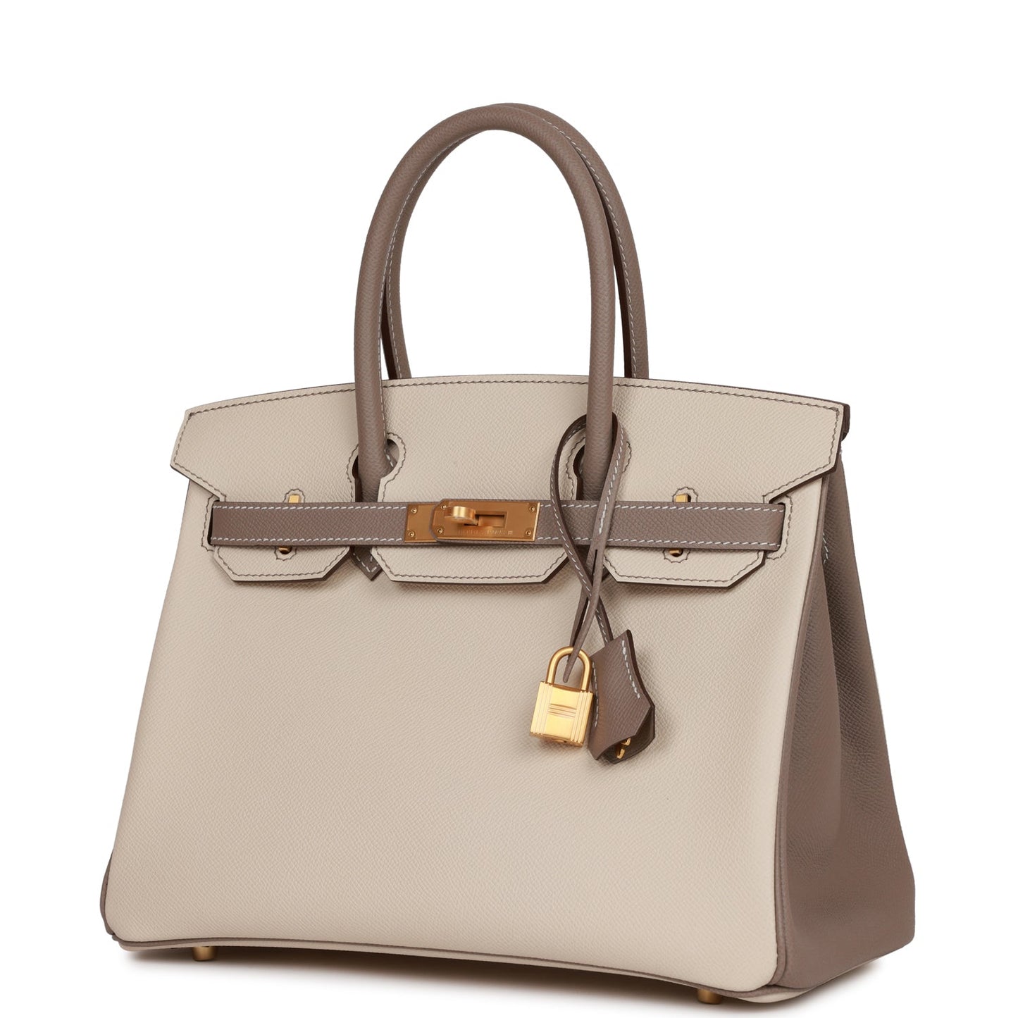 Luxury Hermes Special Order (HSS) Birkin 30 Craie and Gris Asphalte Epsom Brushed Gold Hardware