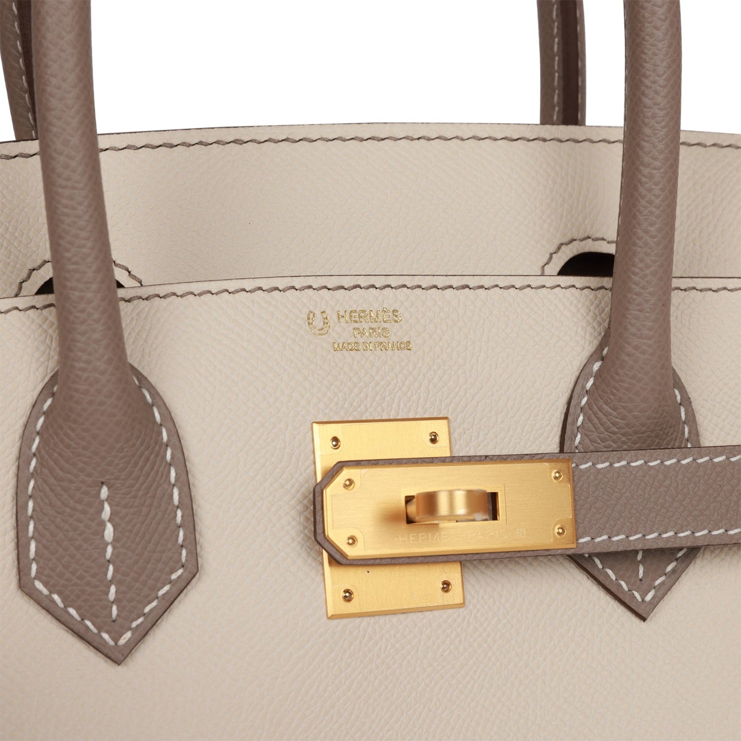 Luxury Hermes Special Order (HSS) Birkin 30 Craie and Gris Asphalte Epsom Brushed Gold Hardware