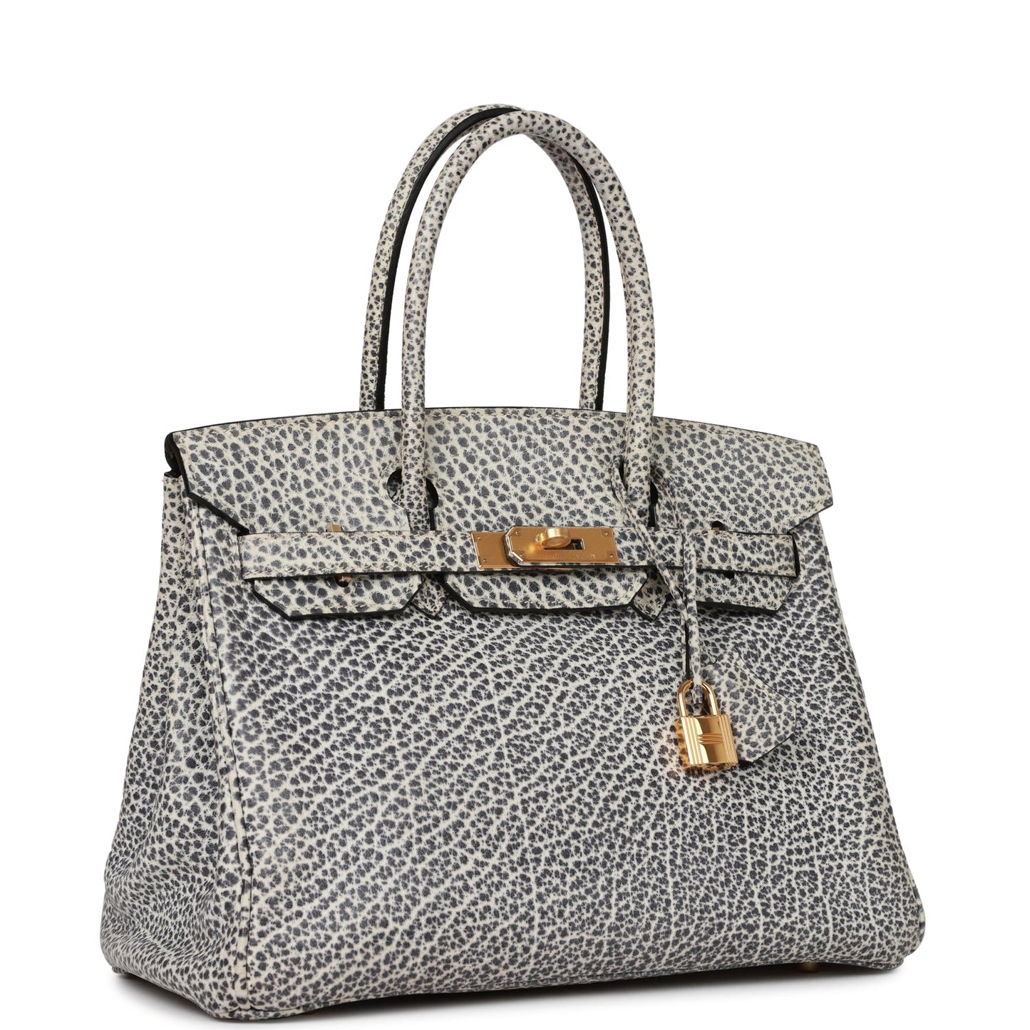 Vintage Luxury Hermes Birkin 30 White Dalmatian Buffalo Gold Hardware