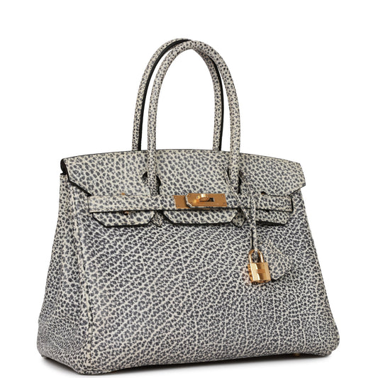 Vintage Luxury Hermes Birkin 30 White Dalmatian Buffalo Gold Hardware