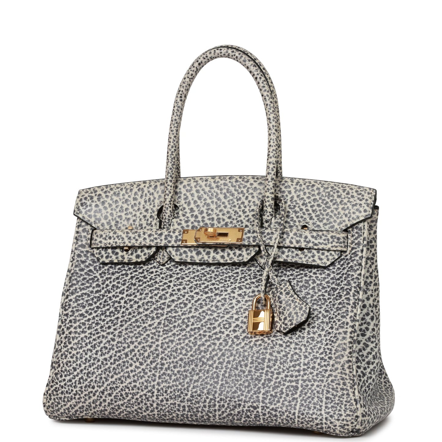 Vintage Luxury Hermes Birkin 30 White Dalmatian Buffalo Gold Hardware