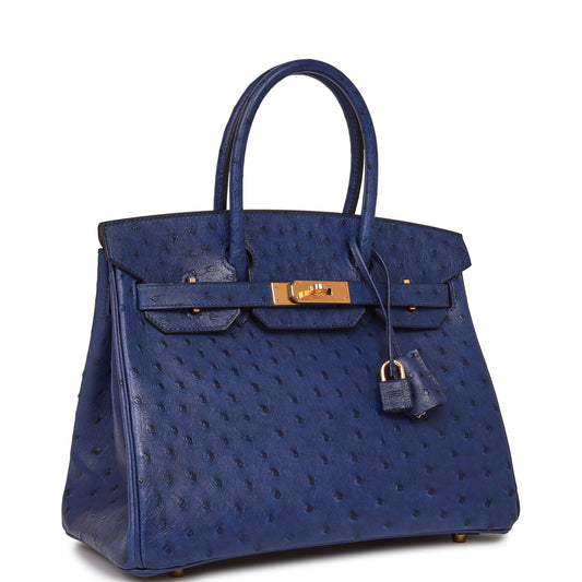 Luxury Hermes Birkin 30 Bleu Saphir Ostrich Gold Hardware