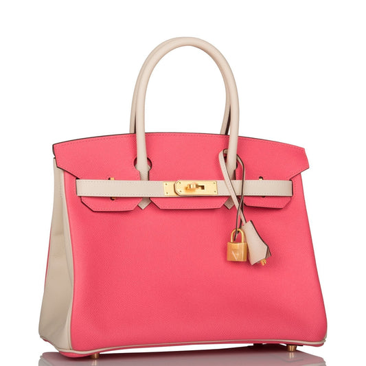 Luxury Hermes Special Order (HSS) Birkin 30 Craie and Rose Azalee Epsom Brushed Gold Hardware