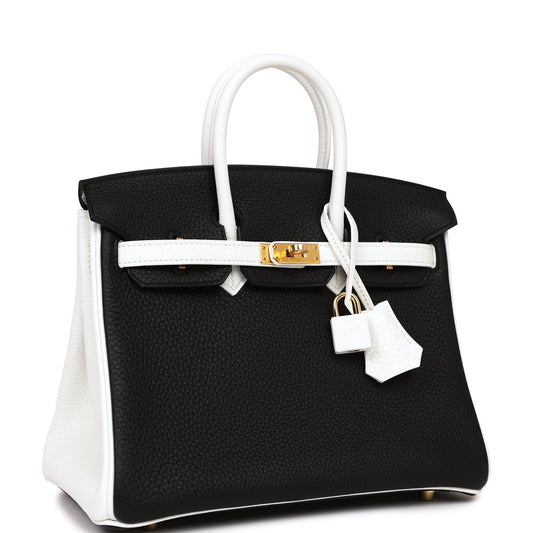 Luxury Hermes Special Order (HSS) Birkin 25 Black and White Clemence Gold Hardware