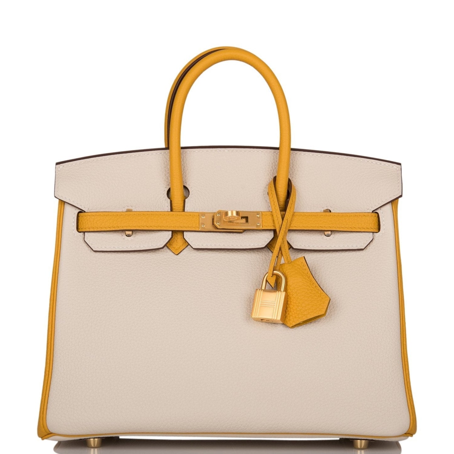 Luxury Hermes Special Order (HSS) Birkin 25 Craie and Jaune Ambre Togo Brushed Gold Hardware