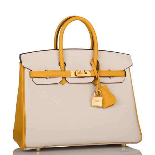 Luxury Hermes Special Order (HSS) Birkin 25 Craie and Jaune Ambre Togo Brushed Gold Hardware