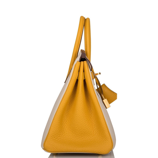 Luxury Hermes Special Order (HSS) Birkin 25 Craie and Jaune Ambre Togo Brushed Gold Hardware
