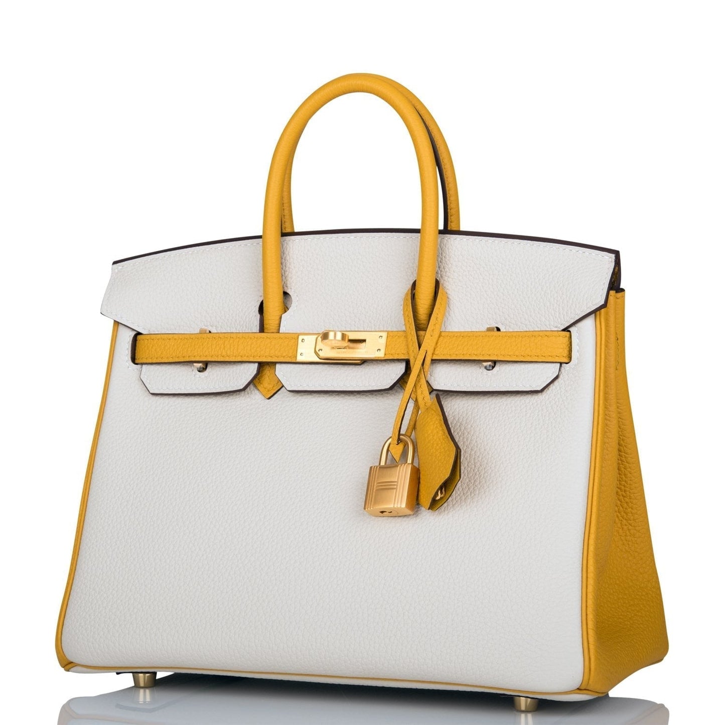 Luxury Hermes Special Order (HSS) Birkin 25 Craie and Jaune Ambre Togo Brushed Gold Hardware