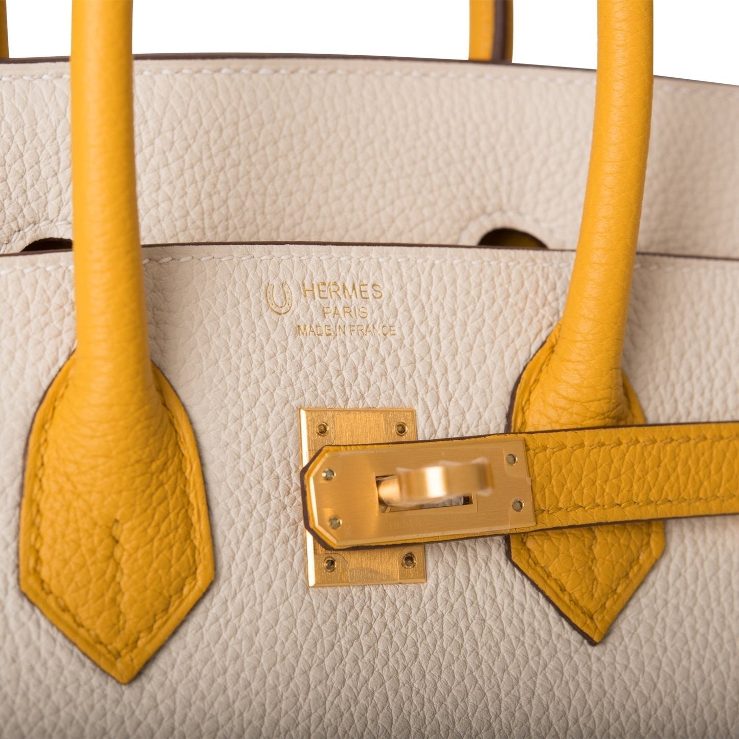 Luxury Hermes Special Order (HSS) Birkin 25 Craie and Jaune Ambre Togo Brushed Gold Hardware