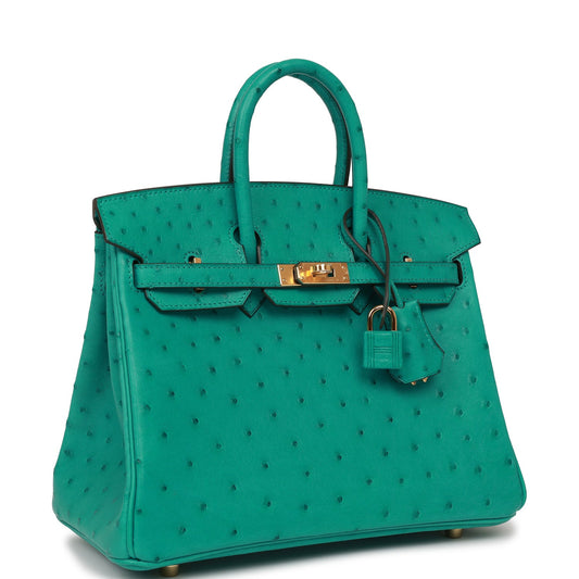 Luxury Hermes Birkin 25 Vert Verone Ostrich Gold Hardware