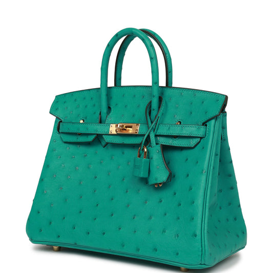 Luxury Hermes Birkin 25 Vert Verone Ostrich Gold Hardware
